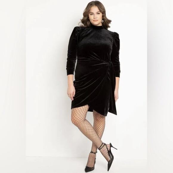 Eloquii Velvet Wrap Mini Dress Black Plus Size US 16 Long Sleeve Party Cocktail - Picture 1 of 14
